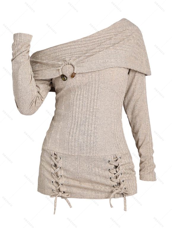 Women Winter Outfit Solid Color Lace Up Long Sweater and Buckle Leggings Set - café lumière S | US 4