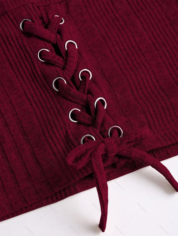 Pull uni texturé à lacets et col asymétrique - Rouge Vineux XXL | US 14