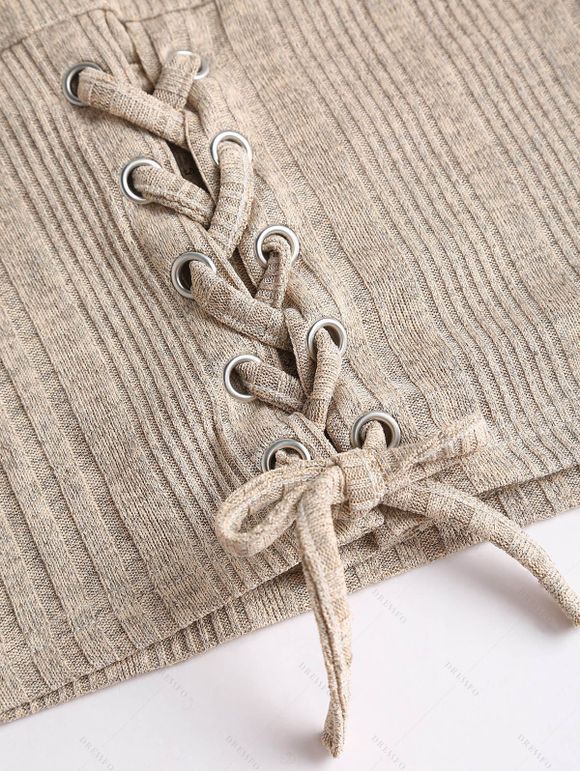 Women Winter Outfit Solid Color Lace Up Long Sweater and Buckle Leggings Set - café lumière S | US 4