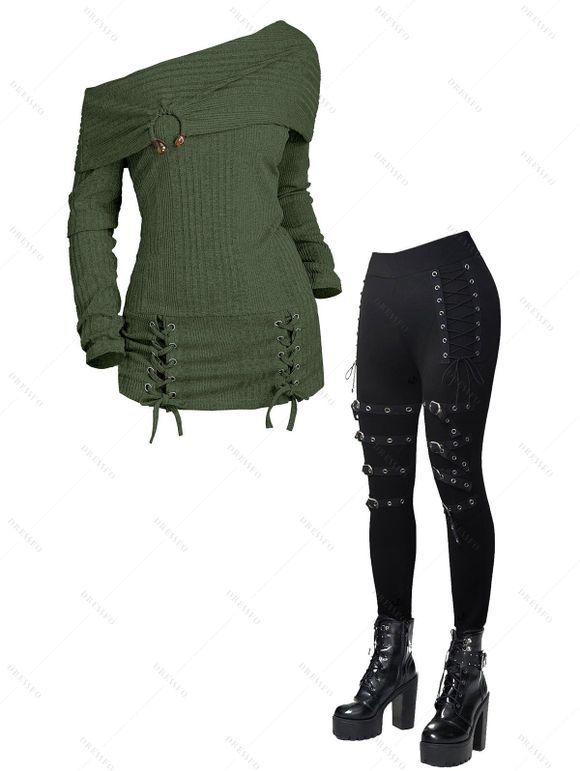 Women Winter Outfit Solid Color Lace Up Long Sweater and Buckle Leggings Set - Vert Armée S | US 4