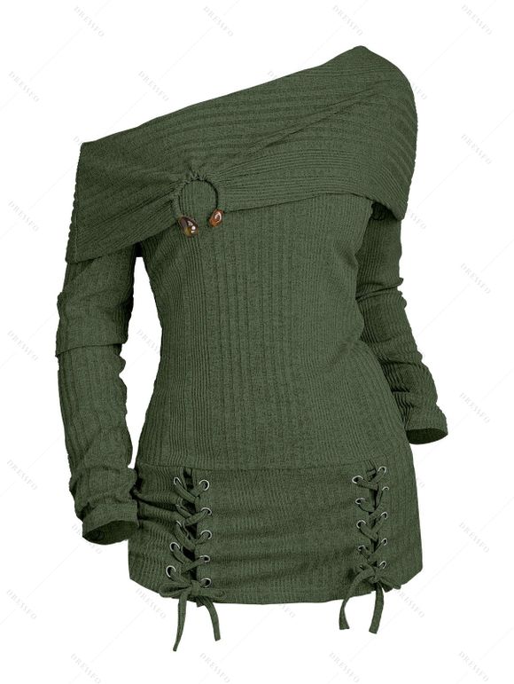 Women Winter Outfit Solid Color Lace Up Long Sweater and Buckle Leggings Set - Vert Armée S | US 4