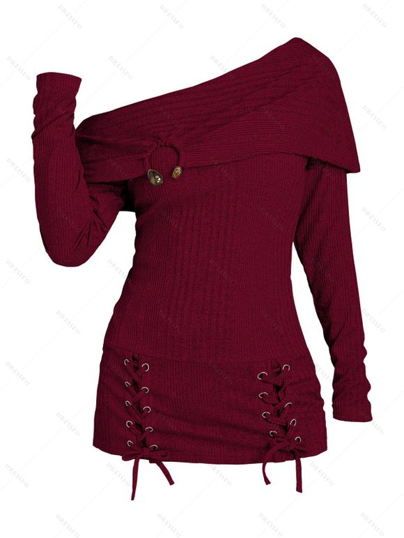 Women Winter Outfit Solid Color Lace Up Long Sweater and Buckle Leggings Set - Rouge Vineux S | US 4