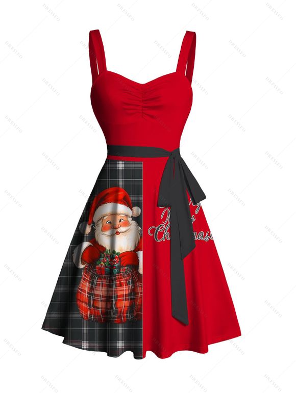 Christmas Plaid Santa Claus Letter Half And Half Print Belted Mini Dress And Long Sleeve Button Up Shirt Matching Outfit - Rouge S | US 4