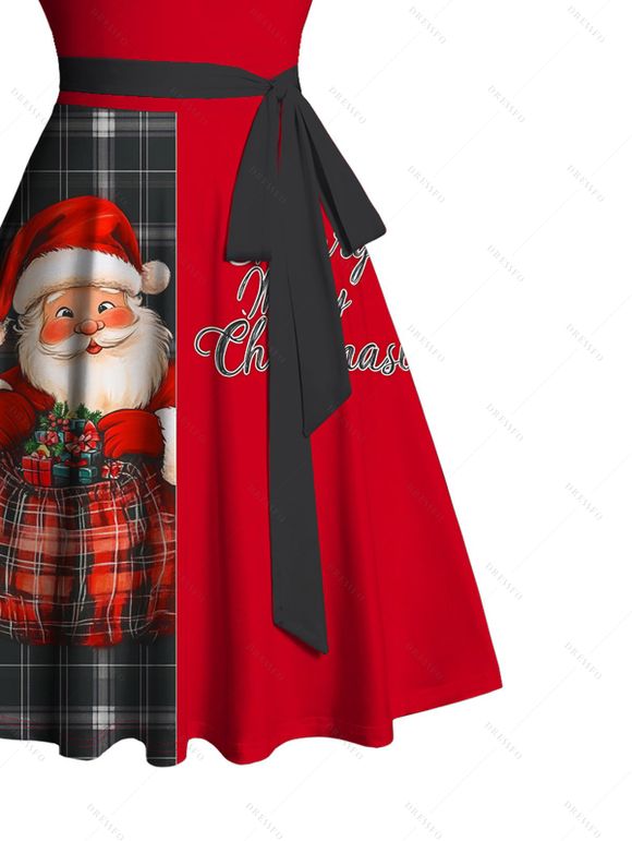 Christmas Plaid Santa Claus Letter Half And Half Print Belted Mini Dress And Long Sleeve Button Up Shirt Matching Outfit - Rouge S | US 4
