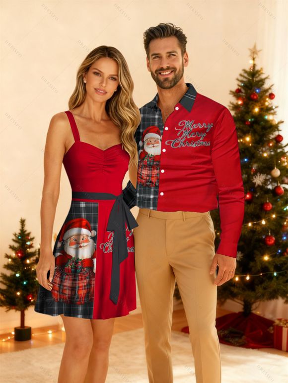 Christmas Plaid Santa Claus Letter Half And Half Print Belted Mini Dress And Long Sleeve Button Up Shirt Matching Outfit - Rouge S | US 4