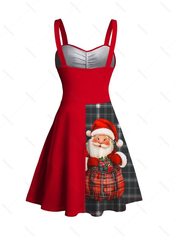 Christmas Plaid Santa Claus Letter Half And Half Print Belted Mini Dress And Long Sleeve Button Up Shirt Matching Outfit - Rouge S | US 4