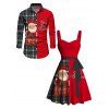 Christmas Plaid Santa Claus Letter Half And Half Print Belted Mini Dress And Long Sleeve Button Up Shirt Matching Outfit