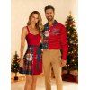 Christmas Plaid Santa Claus Letter Half And Half Print Belted Mini Dress And Long Sleeve Button Up Shirt Matching Outfit - Rouge S | US 4