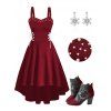 Women Outfit Faux Pearl Lace Up High Low Dress and Earrings Boots Set - Rouge Vineux S | US 4