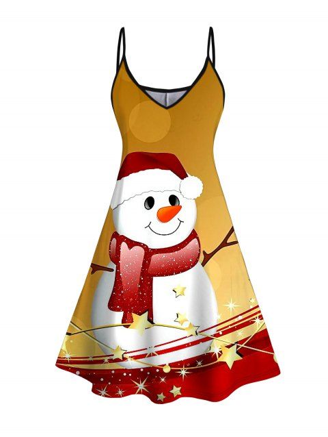 Robe de Noël à bretelles spaghetti, imprimé bonhomme de neige et étoiles, colorblock