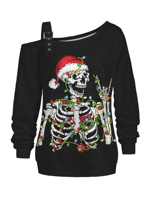 Sweat-shirt gothique de Noël avec imprimé squelette et crâne, bonnet de Noël et boucle.