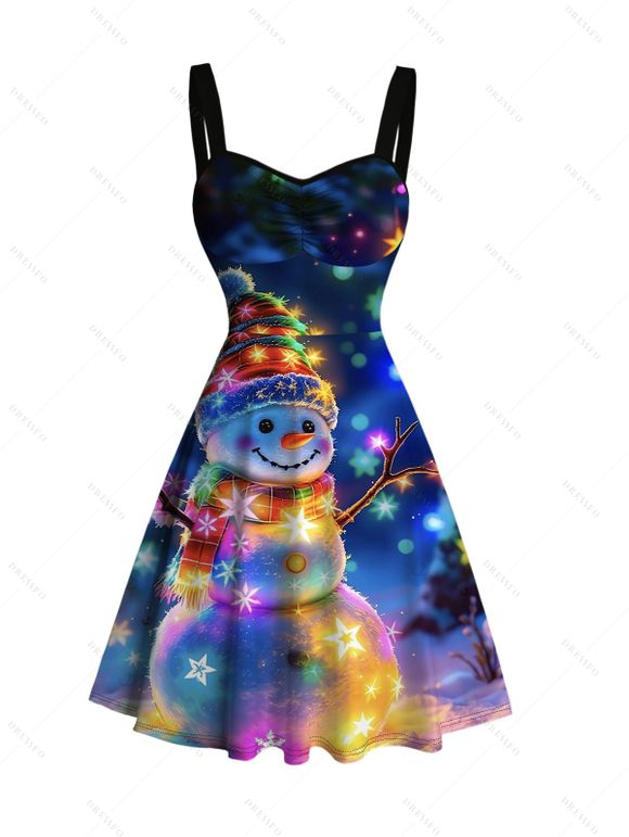 Robe de Noël mini froncée à imprimé flocons de neige et bonhomme de neige - Bleu de Minuit XXXXXL | US 20