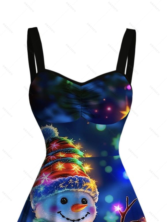 Robe de Noël mini froncée à imprimé flocons de neige et bonhomme de neige - Bleu de Minuit XXXXXL | US 20