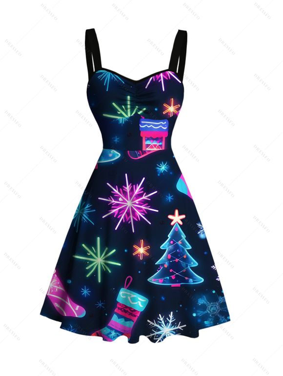 Robe de Noël imprimée flocons de neige et sapin de Noël, mini-robe froncée - Bleu de Minuit XXXXXL | US 20