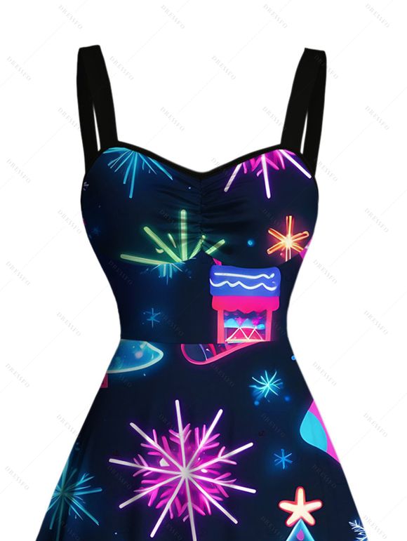 Robe de Noël imprimée flocons de neige et sapin de Noël, mini-robe froncée - Bleu de Minuit XXXXXL | US 20
