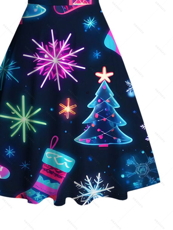 Robe de Noël imprimée flocons de neige et sapin de Noël, mini-robe froncée - Bleu de Minuit XXXXXL | US 20
