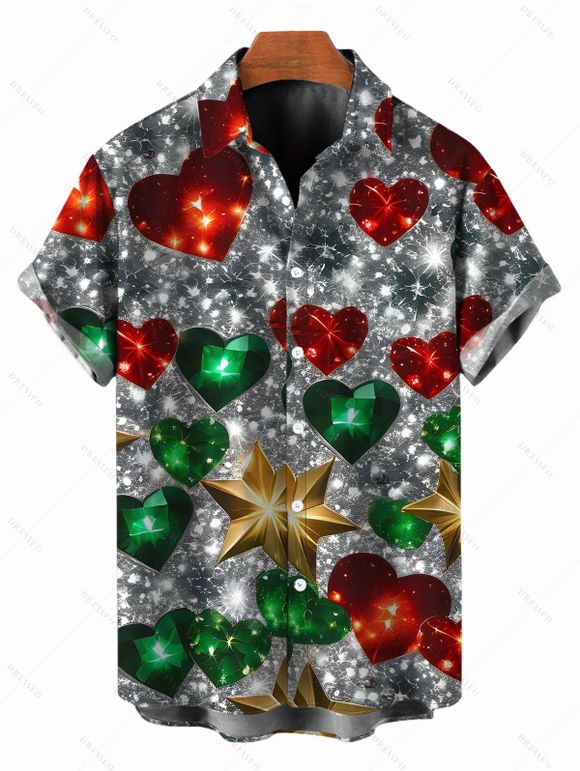 Chemise de Noël pour homme, imprimé cœur et flocon de neige, boutonnée - multicolor A 2XL