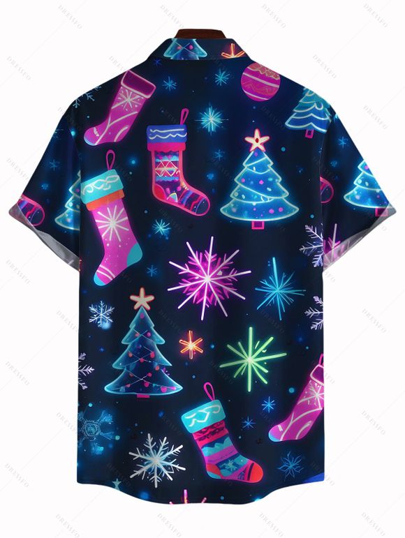 Chemise de Noël pour homme, imprimé flocons de neige et sapin, à boutons - Bleu de Minuit 2XL