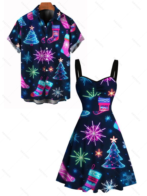 Holiday Couple Outfit Snowflake Christmas Tree Socks Print Dress and Shirt Set - Bleu de Minuit S | US 4