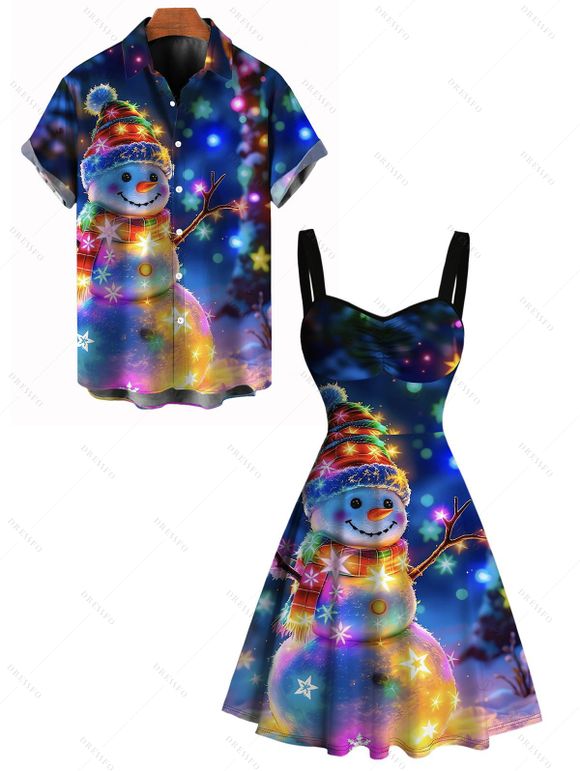 Christmas Couple Outfit Snowman Colored Snowflake Print Dress and Shirt Set - Bleu de Minuit S | US 4