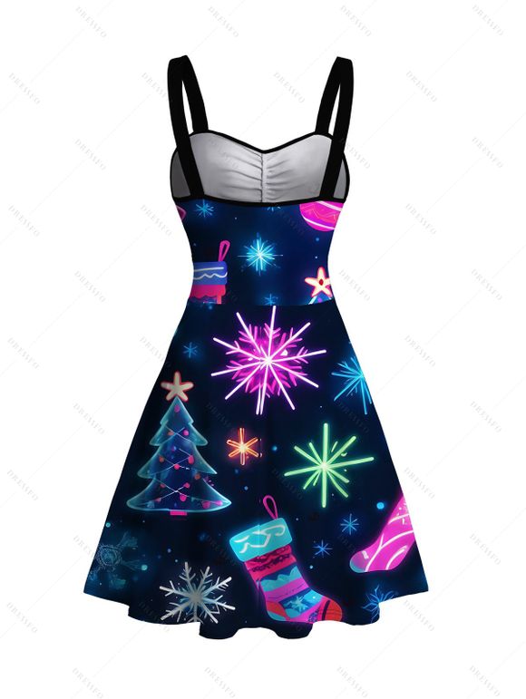 Holiday Couple Outfit Snowflake Christmas Tree Socks Print Dress and Shirt Set - Bleu de Minuit S | US 4
