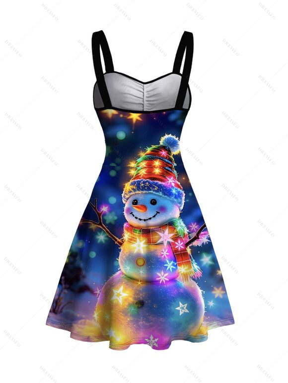 Christmas Couple Outfit Snowman Colored Snowflake Print Dress and Shirt Set - Bleu de Minuit S | US 4