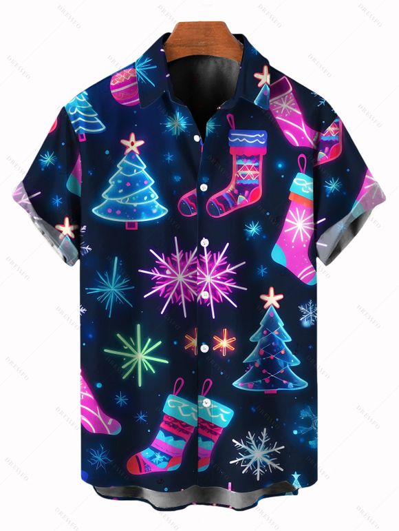 Holiday Couple Outfit Snowflake Christmas Tree Socks Print Dress and Shirt Set - Bleu de Minuit S | US 4