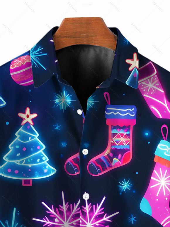 Holiday Couple Outfit Snowflake Christmas Tree Socks Print Dress and Shirt Set - Bleu de Minuit S | US 4