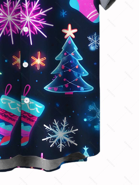 Holiday Couple Outfit Snowflake Christmas Tree Socks Print Dress and Shirt Set - Bleu de Minuit S | US 4