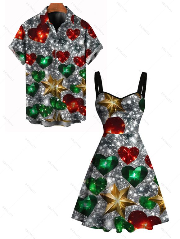 Christmas Couple Outfit Heart Snowflake Print Dress and Shirt Set - multicolor A S | US 4