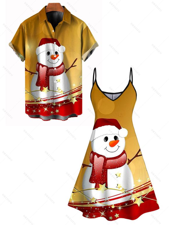 Christmas Couple Outfit Colorblock Snowman Star Print Dress and Shirt Set - Couleur du désert S | US 4