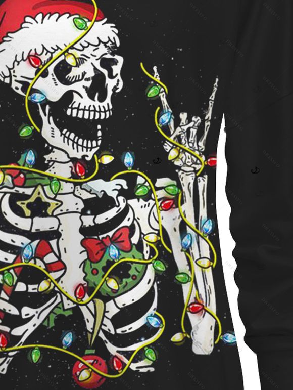Sweat-shirt gothique de Noël avec imprimé squelette et crâne, bonnet de Noël et boucle. - Noir XXXXXL | US 20