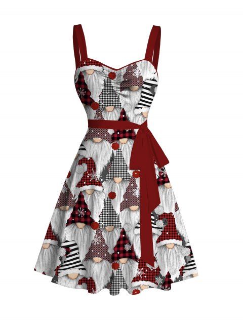 Robe de Noël à carreaux nain, imprimée avec un chapeau et une ceinture froncée