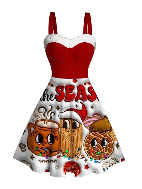 Robe de fête à imprimé chaînes d'éclairs et éléments de Noël en fausse fourrure