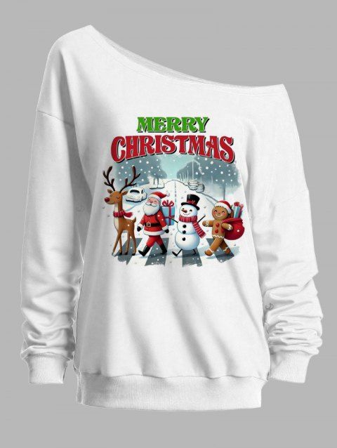 Sweat-shirt de Noël avec imprimé Père Noël, bonhomme de neige et élan, col asymétrique