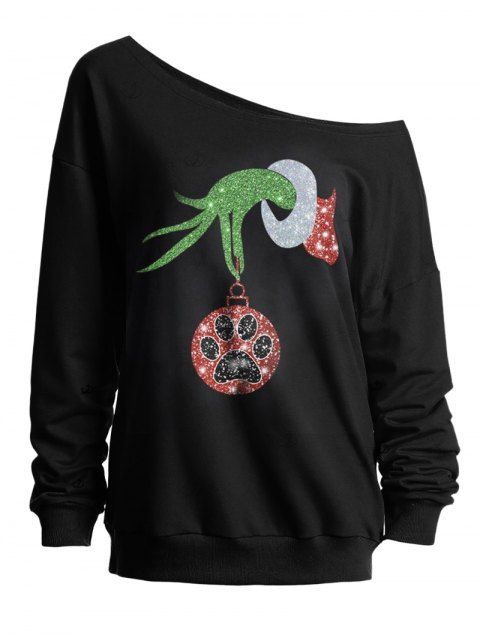 Sweat-shirt de Noël à col asymétrique avec imprimé pattes de neige et clochettes