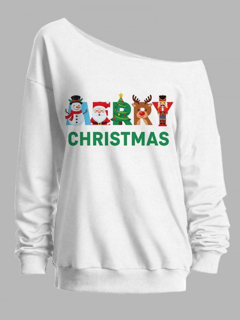 Sweat-shirt de Noël bonhomme de neige, Père Noël, élan, imprimé lettres, col asymétrique