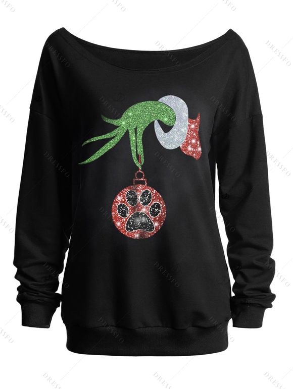 Sweat-shirt de Noël à col asymétrique avec imprimé pattes de neige et clochettes - Noir XXL | US 14