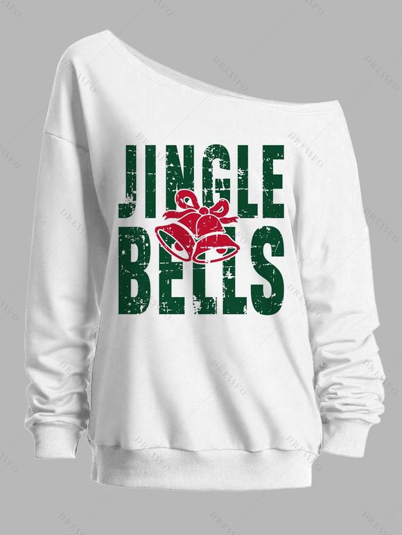 Sweat-shirt de Noël à imprimé cloche et col asymétrique, manches longues - Blanc XXL | US 14