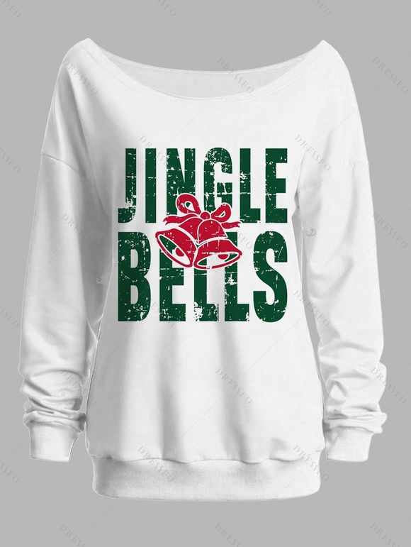 Sweat-shirt de Noël à imprimé cloche et col asymétrique, manches longues - Blanc XXL | US 14