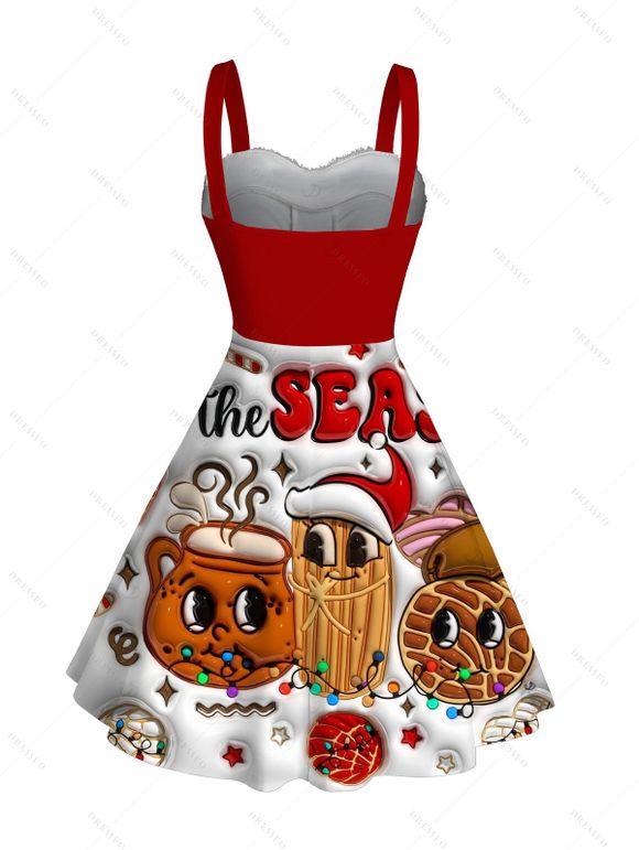 Robe de fête à imprimé chaînes d'éclairs et éléments de Noël en fausse fourrure - Rouge Vineux XXXXXL | US 20