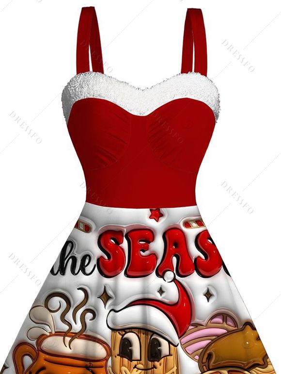 Robe de fête à imprimé chaînes d'éclairs et éléments de Noël en fausse fourrure - Rouge Vineux XXXXXL | US 20