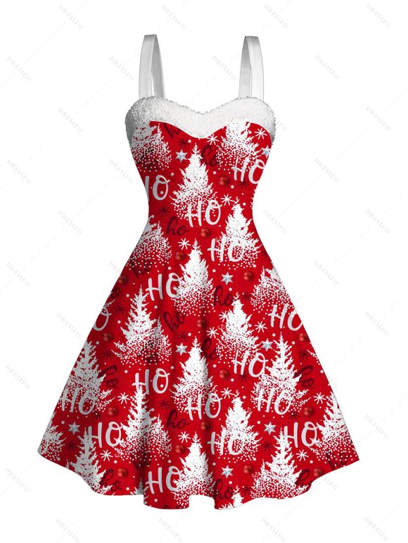 Robe de fête imprimée sapin de Noël flocons de neige et lettres, en fausse fourrure - Rouge XXXXXL | US 20