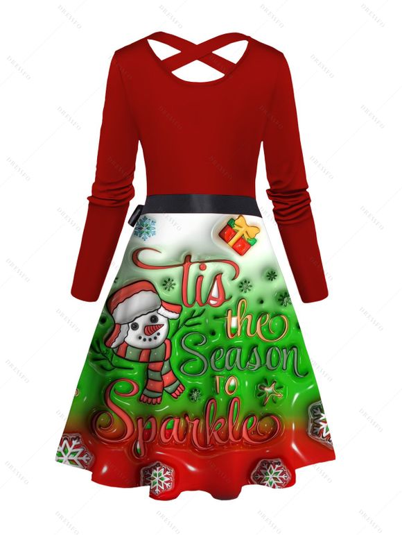 Robe de Noël colorblock à imprimé bonhomme de neige et flocons de neige, ceinture croisée - Rouge Vineux XXXXXL | US 20