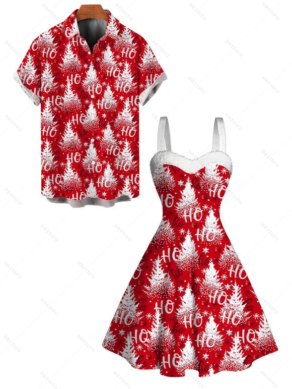 Holiday Couple Outfit Christmas Tree Snowflake Letter Print Faux Fur Dress and Shirt Set - Rouge S | US 4