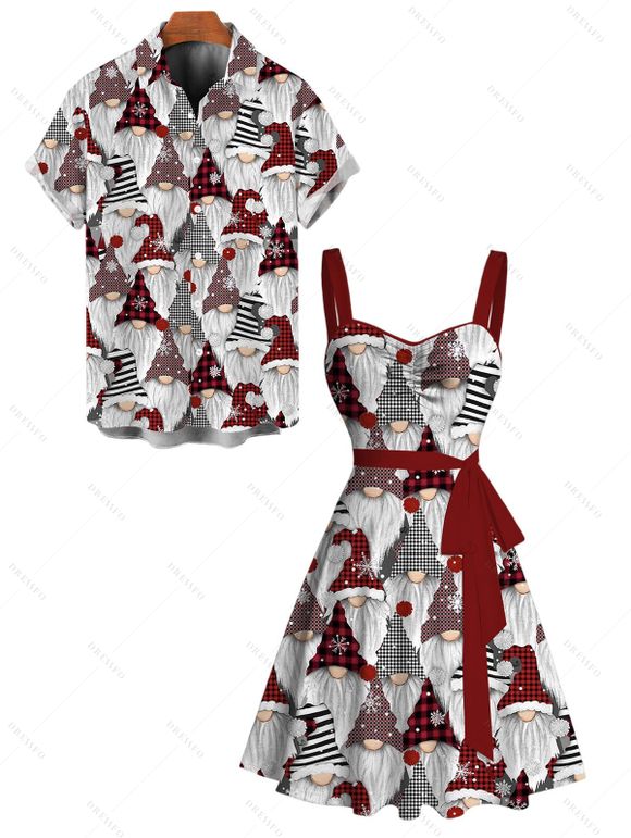 Christmas Couple Outfit Dwarf Plaid Hat Print Belt Dress and Shirt Set - Rouge brique S | US 4