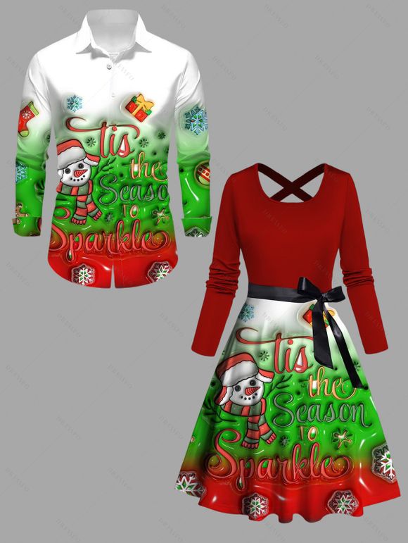 Christmas Couple Outfit Colorblock Snowman Snowflake Print Belt Dress and Shirt Set - Rouge Vineux S | US 4