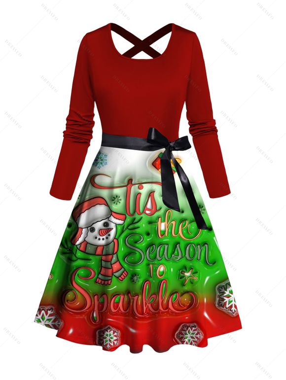 Christmas Couple Outfit Colorblock Snowman Snowflake Print Belt Dress and Shirt Set - Rouge Vineux S | US 4