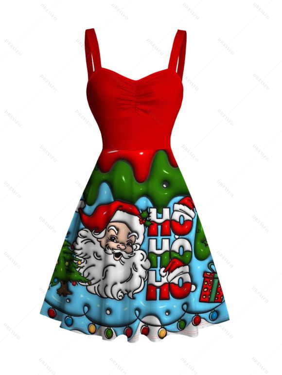Robe de Noël imprimée Père Noël, lettres, éclairs et chaînes, à fronces - Rouge XXXXXL | US 20