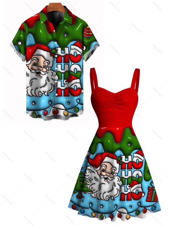 Christmas Couple Outfit Santa Claus Letter Lightning Chains Print Dress and Shirt Set - Rouge S | US 4
